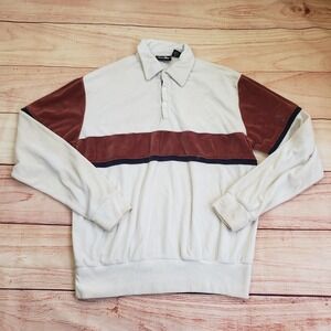 VINTAGE Silver Unicorn Shirt Mens Large Cream Brown Velour Rugby Pullover 80s